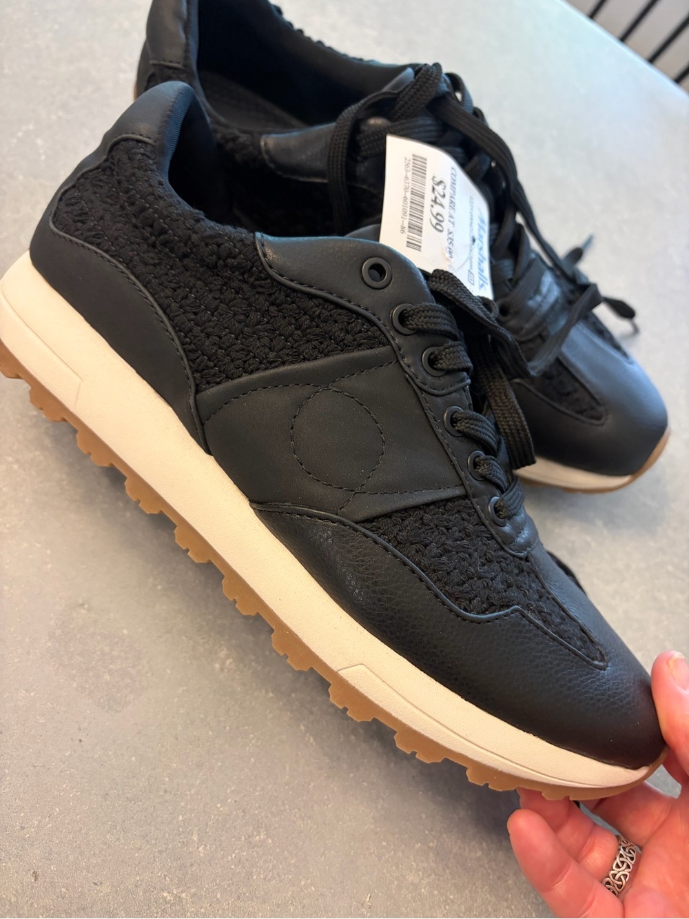 Women’ BareTraps Black Knit & Leather Lace-Up Sneakers with Gum Outsole